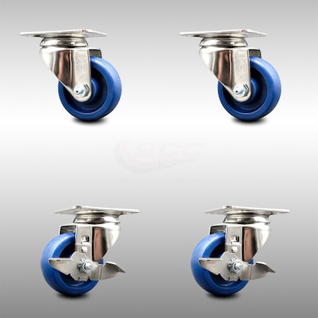 Service Caster 3 Inch 316SS Solid Polyurethane Wheel Swivel Top Plate Caster Brakes SCC, 2PK SCC-SS31620S314-SPUS-2-TLB-2